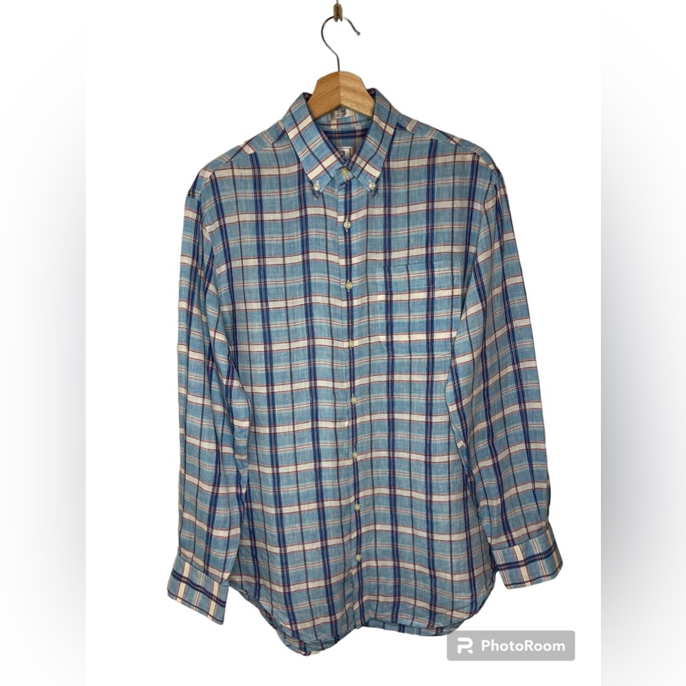 Peter Millar linen button up shirt, blue & pink plaid. Preppy.